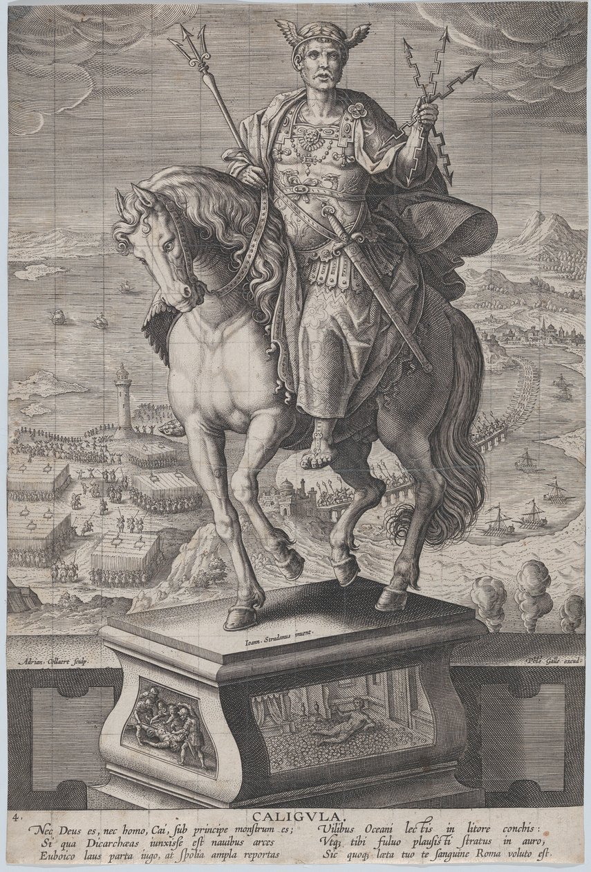 Skylt 4: ryttarstaty av Caligula, sedd tre fjärdedelar till vänster, bär en ..., ca. 1587-89. av Adriaen Collaert