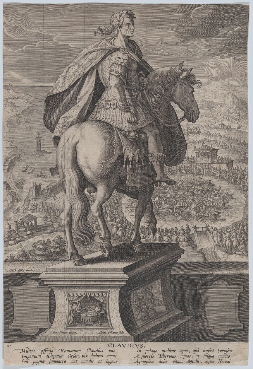 Plåt 5: ryttarstaty av Claudius, sedd bakifrån, en sjötävling vid ri..., ca. 1587-89. av Adriaen Collaert