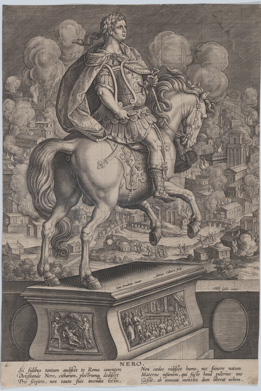 Plåt 6: ryttarstaty av Nero, sedd bakifrån, den stora branden i Rom i..., ca. 1587-89. av Adriaen Collaert