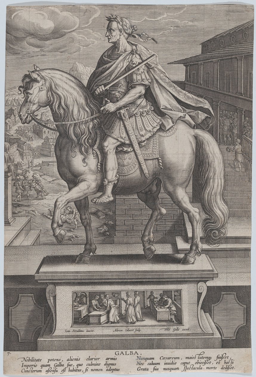 Skylt 7: ryttarstaty av Galba, i profil till vänster, med en halshuggningsscen..., ca. 1587-89. av Adriaen Collaert