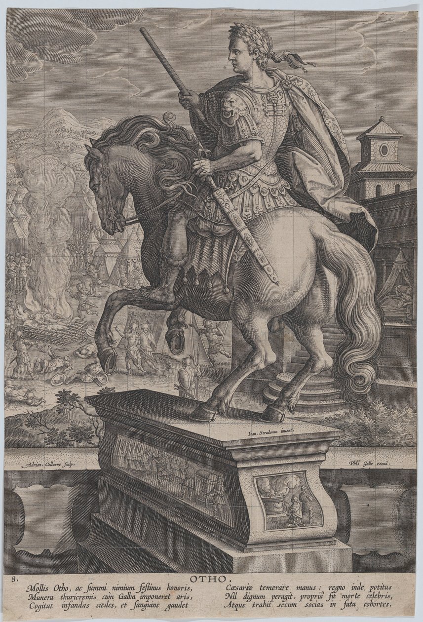 Plåt 8: ryttarstaty av Otho, sedd bakifrån, hans dödsscen i bakgrunden..., ca. 1587-89. av Adriaen Collaert