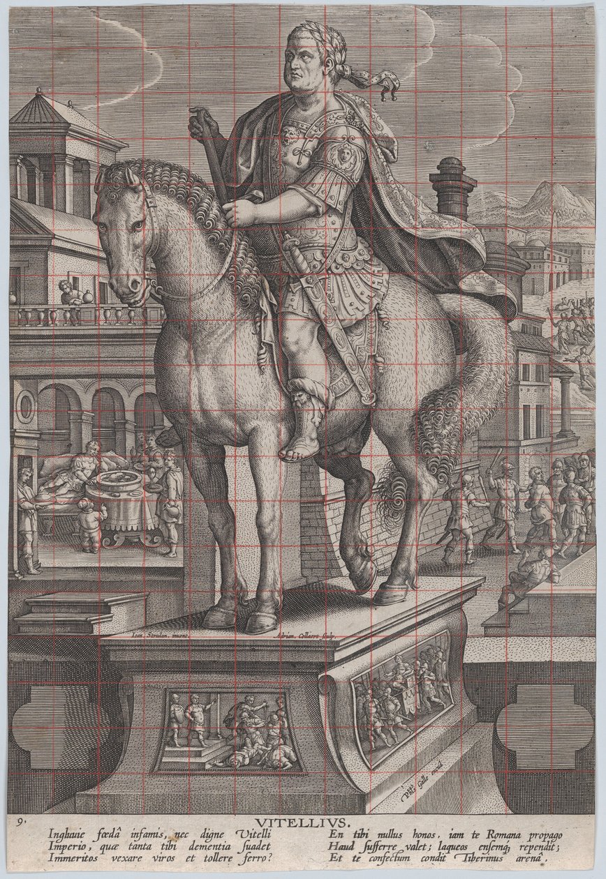 Plåt 9: ryttarstaty av Vitellius, sedd tre fjärdedelar till vänster, med hans ..., ca. 1587-89. av Adriaen Collaert