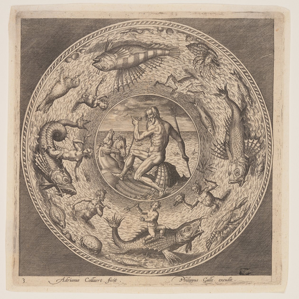 Poseidon, från en serie mönster för tallrikar (Fonds de Coupe) av Adriaen Collaert