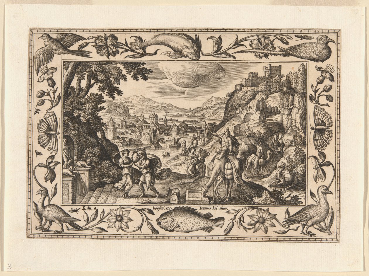 Rebecca och Eliezer vid brunnen, ur Landskap med scener ur Gamla och Nya testamentet samt jaktscener av Adriaen Collaert