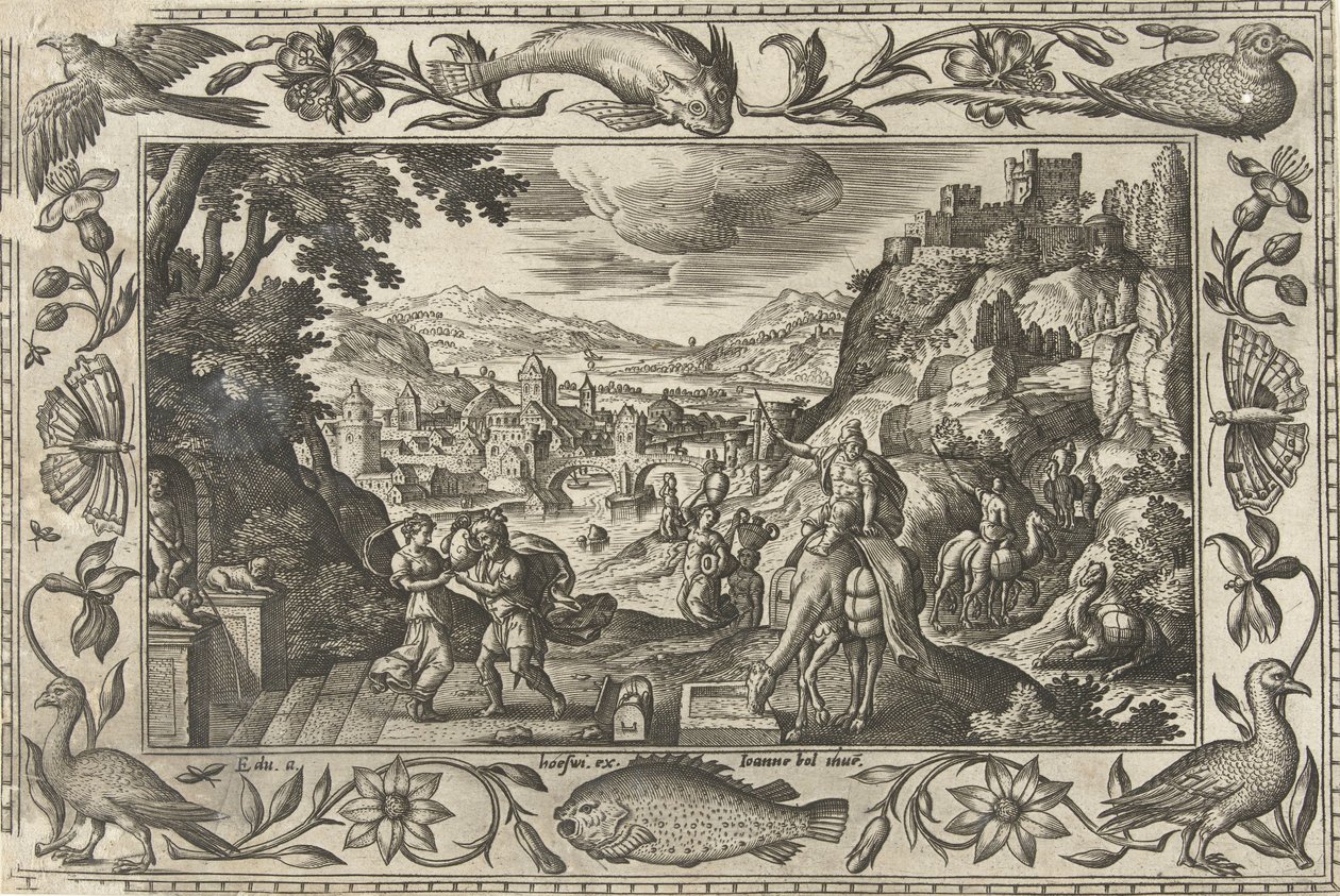 Rebecka och Elieser vid brunnen Landskap med bibliska, mytologiska scener och jaktscener (serietitel) av Adriaen Collaert