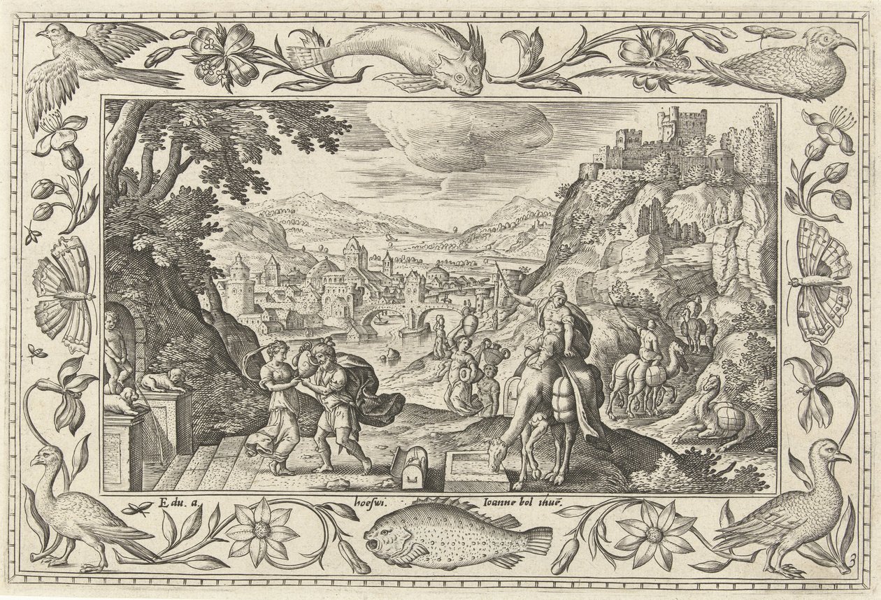 Rebecka och Elieser vid brunnen Landskap med bibliska, mytologiska scener och jaktscener (serietitel) av Adriaen Collaert