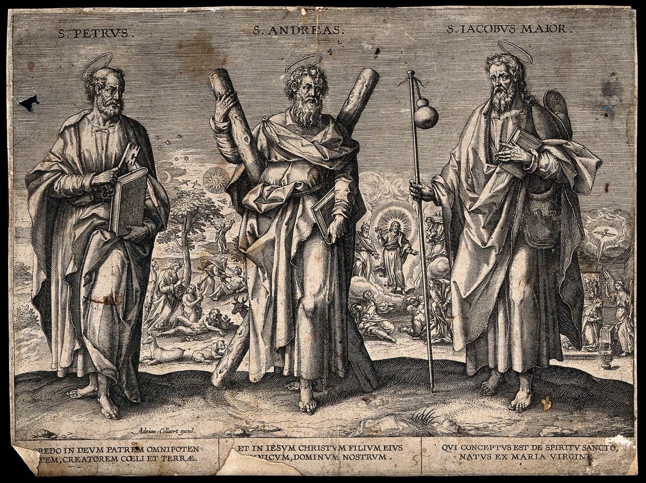 Aposteln Petrus, aposteln Andreas och Jakob den äldre. Gravyr. av Adriaen Collaert
