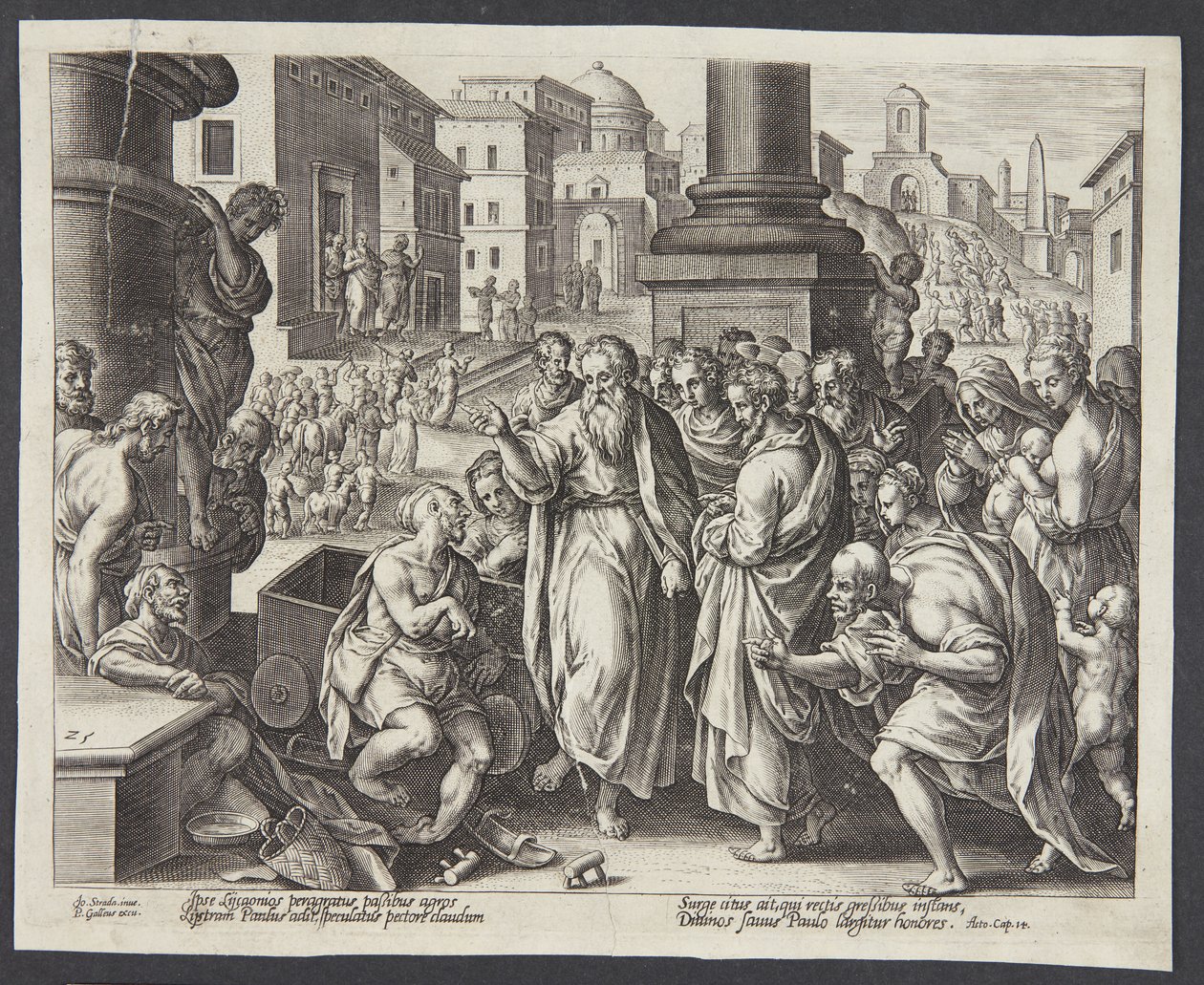 Paulus botar en krympling i Lystra av Adriaen Collaert