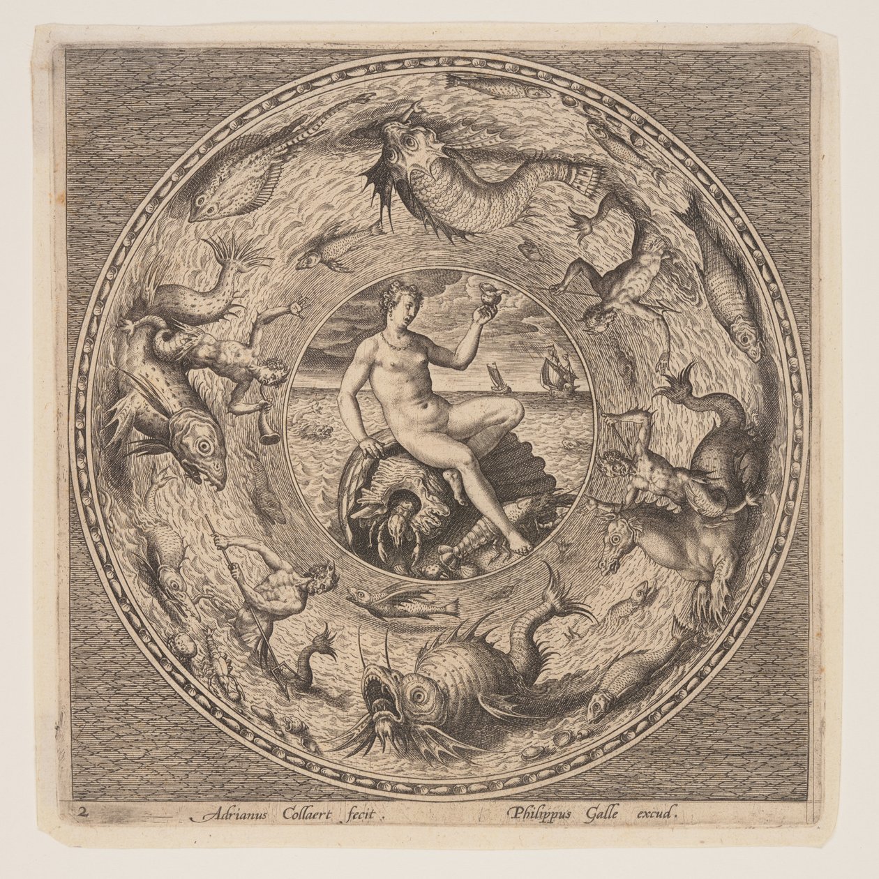 Thetis på ett snäckskal, från en serie mönster för tallrikar (Fonds de Coupe) av Adriaen Collaert