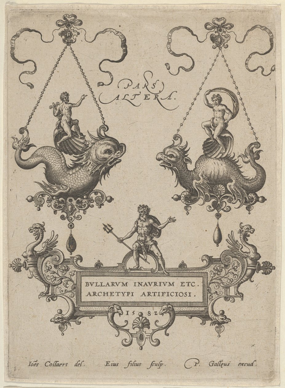 Titelskylt med två hängsmycken ovan och Neptunus stående på en kartusch nedanför, 1582. av Adriaen Collaert