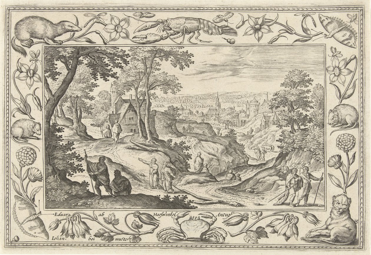 Utsändning av apostlarna Landskap med bibliska, mytologiska scener och jaktscener (serietitel) av Adriaen Collaert