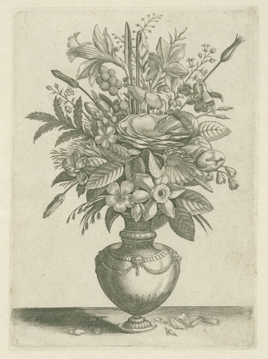 Vas med blommor, inklusive trumpetpåskliljor Florilegium (serietitel) av Adriaen Collaert