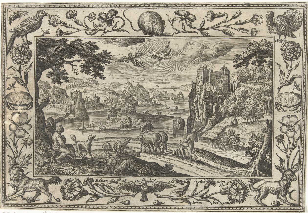 Ikaros fall Landskap med bibliska, mytologiska scener och jaktscener (serietitel) av Adriaen Collaert