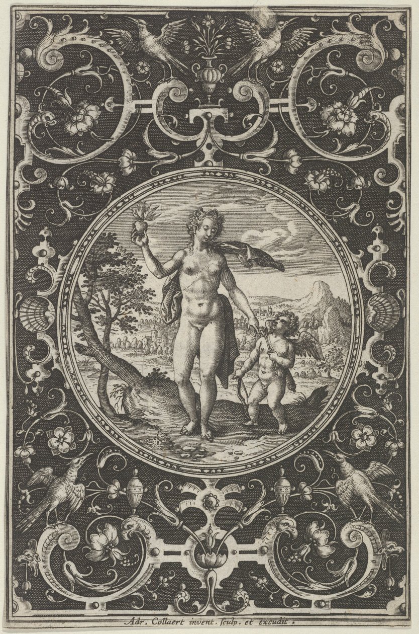 Venus och Amor i en dekorativ ram med grotesker, från domen i Paris..., c1580-1600. av Adriaen Collaert