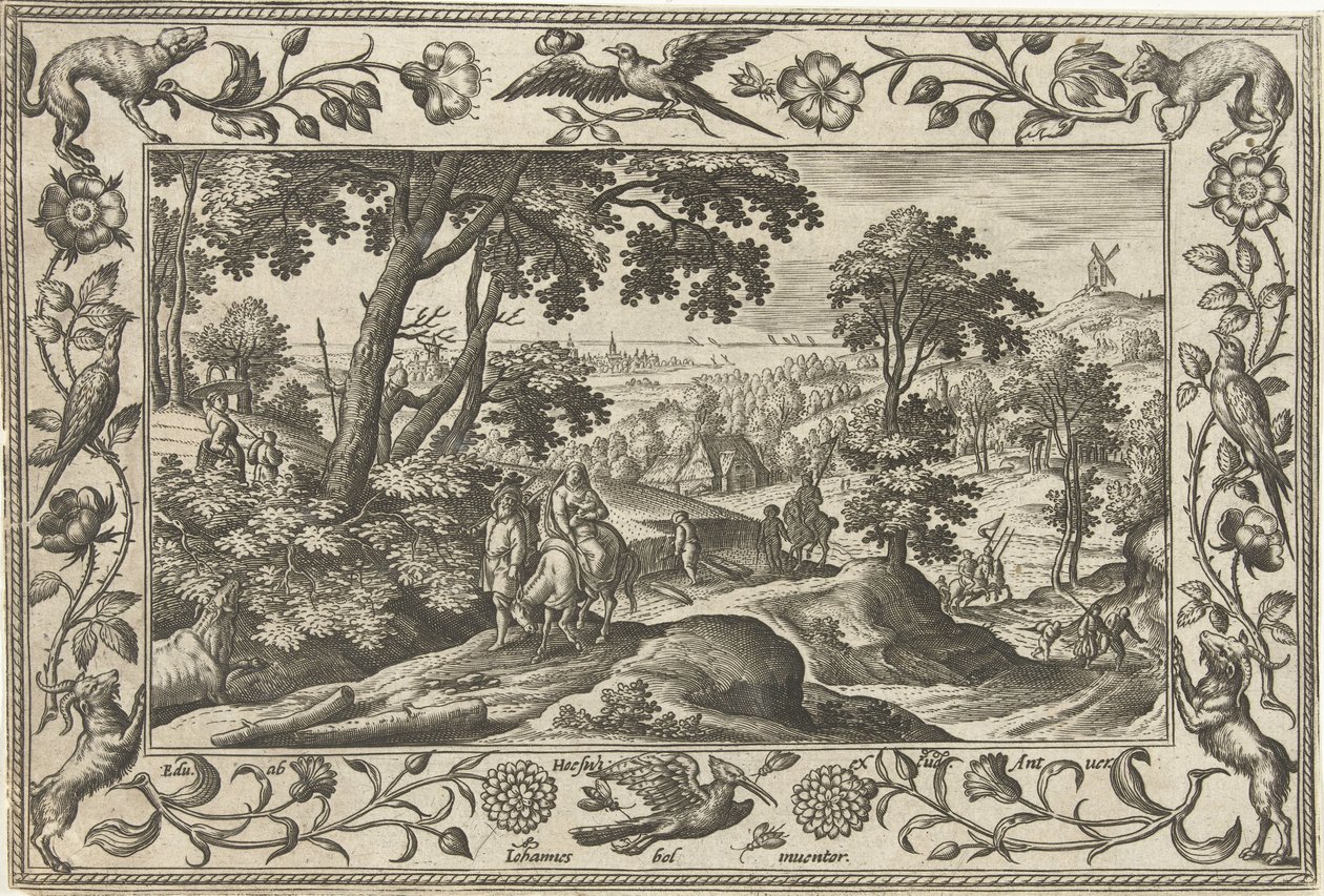 Flyg till Egypten Landskap med bibliska, mytologiska scener och jaktscener (serietitel) av Adriaen Collaert