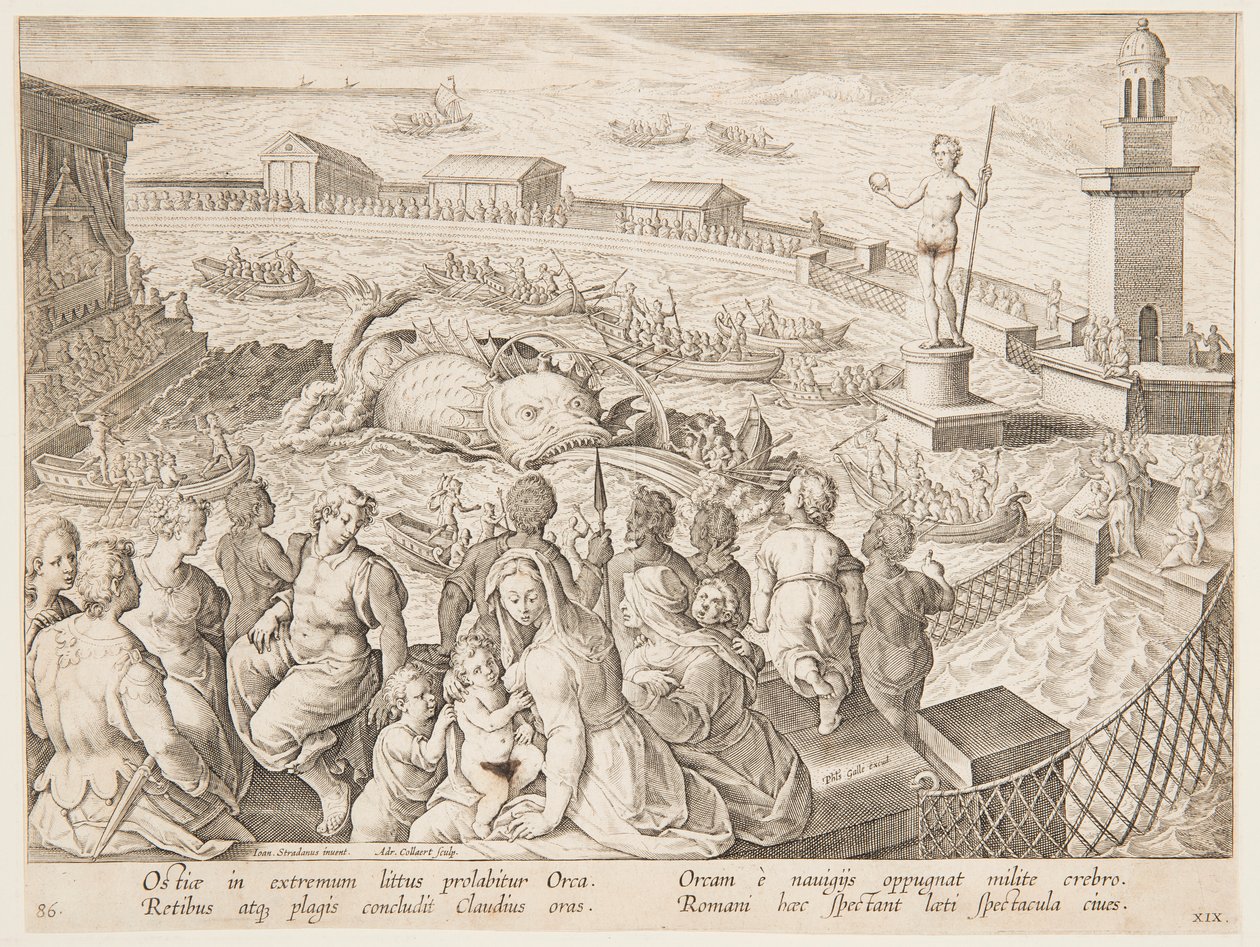 Valjakt av kejsar Claudius i hamnen i Ostia, pl. 19 i serien Game, Birds and Fish av Adriaen Collaert