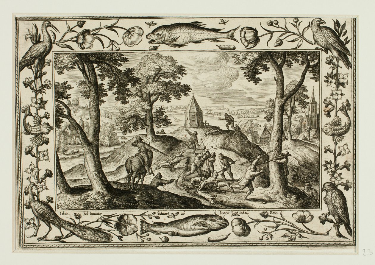 Wolf Hunt, från Landscapes with Old and New Testament Scenes och Jaktscener av Adriaen Collaert
