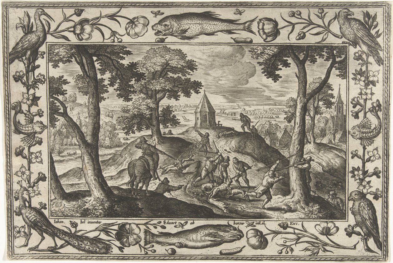 vargjakt Landskap med bibliska, mytologiska scener och jaktscener (serietitel) av Adriaen Collaert