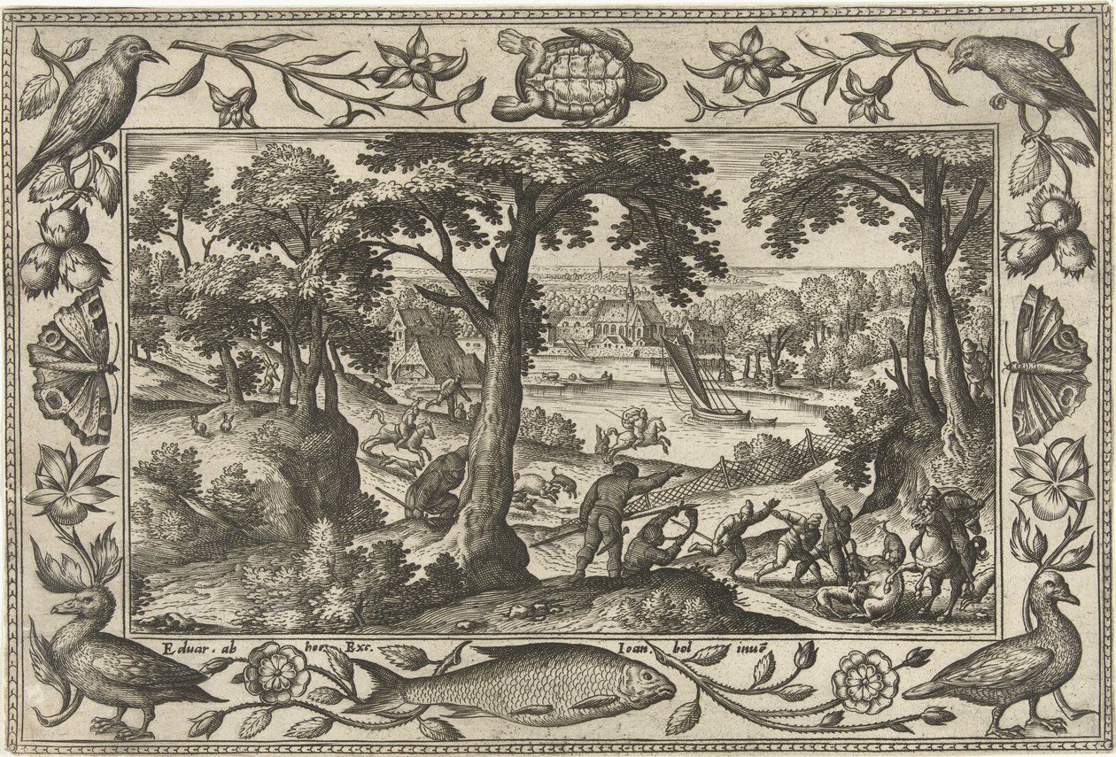 vildsvinsjakt Landskap med bibliska, mytologiska scener och jaktscener (serietitel) av Adriaen Collaert