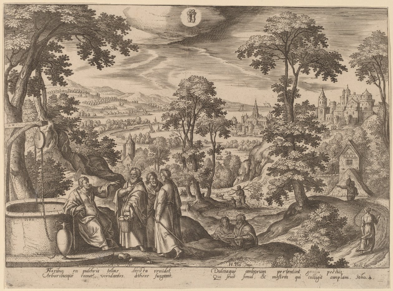 Kristus och Samariens kvinna av Adriaen Collaert after Hans Bol