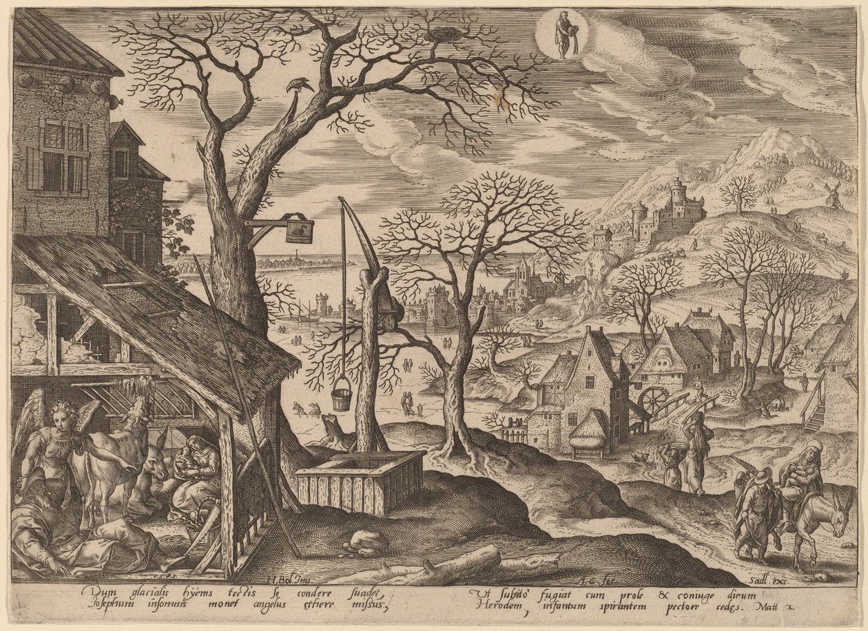 Ängeln som säger åt Joseph att fly och flykten till Egypten av Adriaen Collaert after Hans Bol