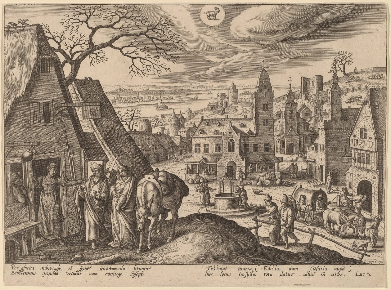 Jungfrun och Josef på värdshuset av Adriaen Collaert after Hans Bol