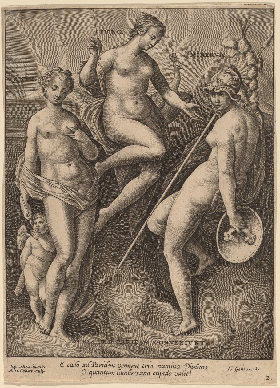 Venus, Juno och Minerva av Adriaen Collaert after Jan van der Straet