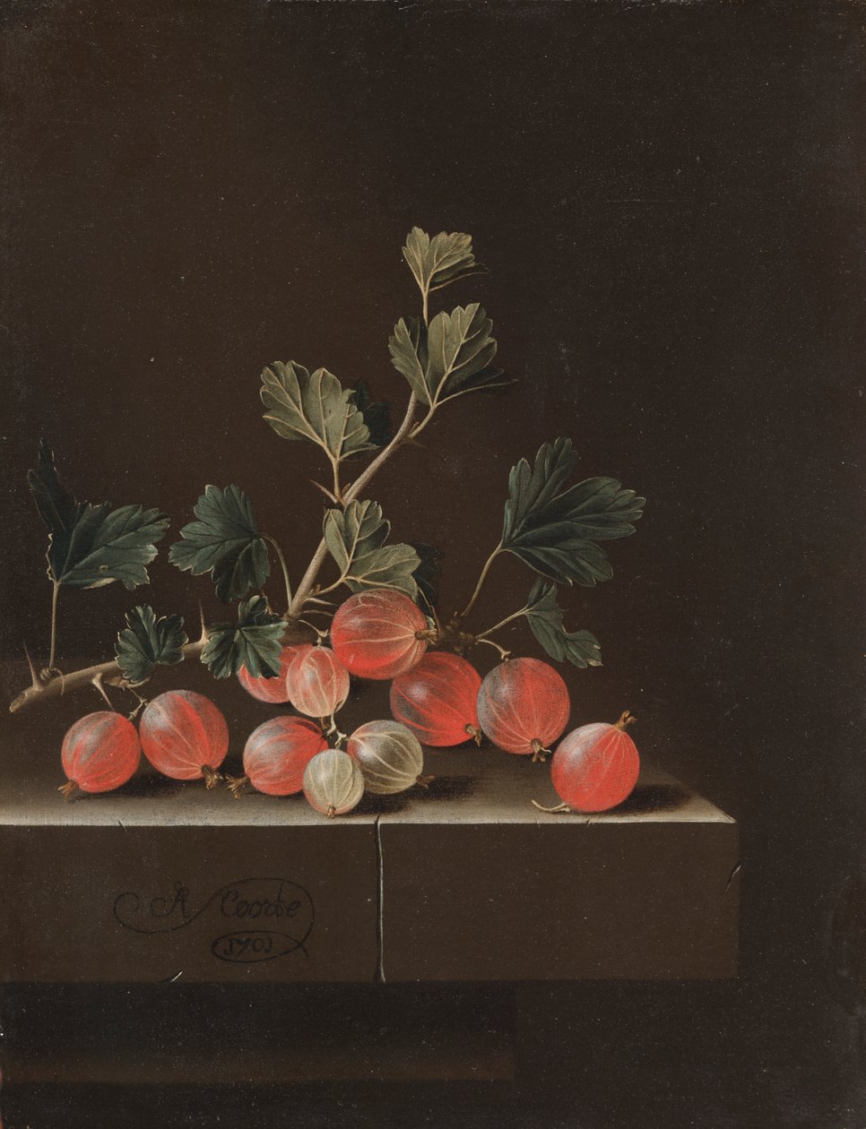 Krusbär på ett bord, 1701. av Adrian Coorte