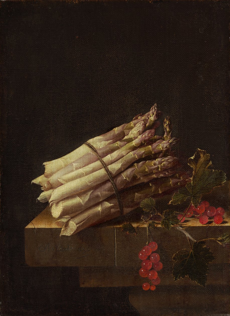 Stilleben med sparris och röda vinbär, 1696. av Adrian Coorte