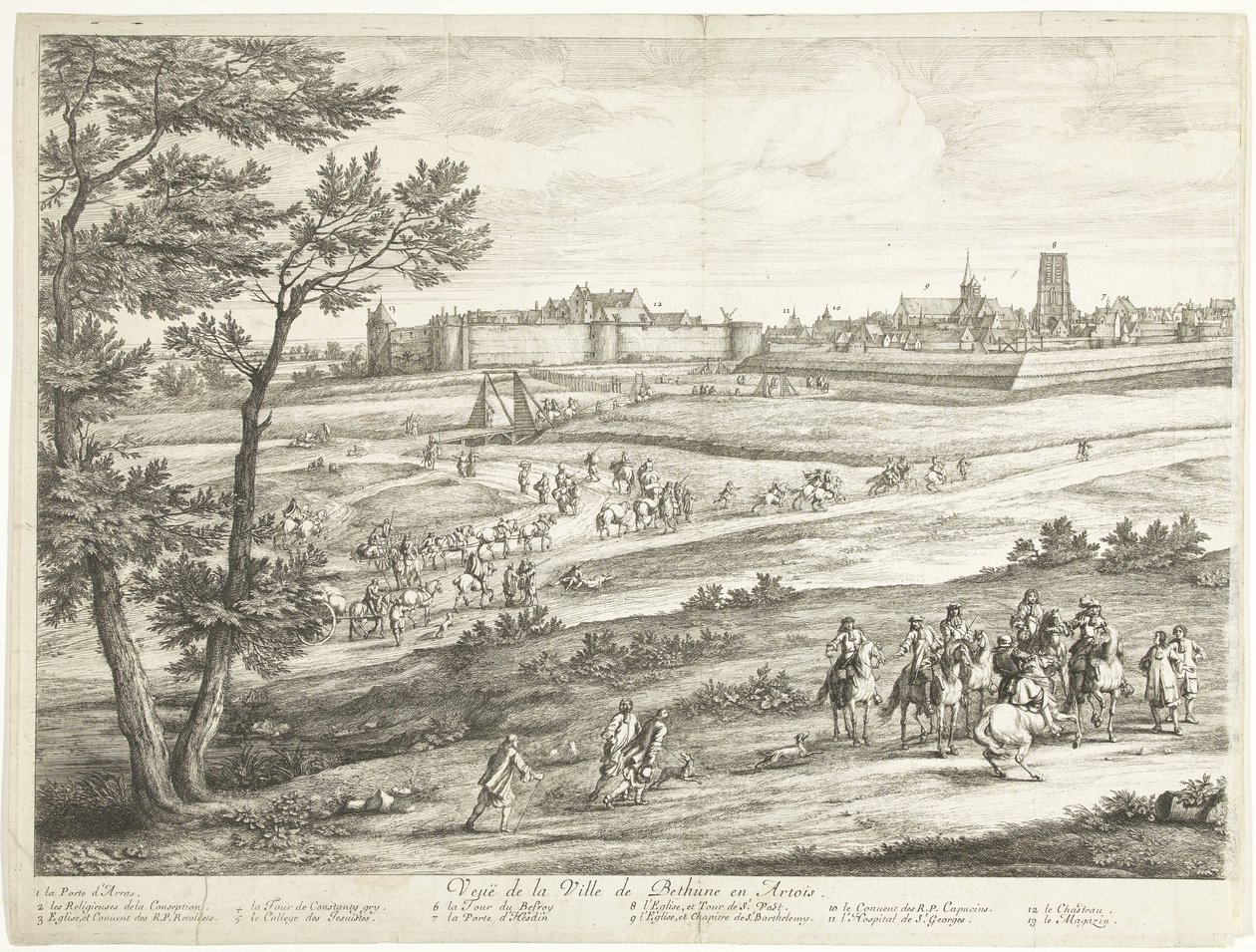 Utsikt över Bethune (vänster ark) Veuë de la Ville de Bethune en Artois (titel på objekt) av Adriaen Frans Boudewyns