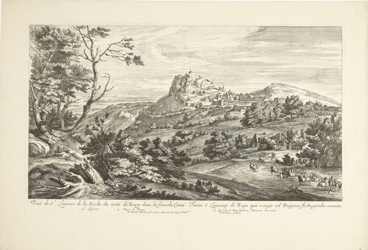 Utsikt över Saint Laurent de la Roche Utsikt över St. Laurent de la Roche från costé du Bourg i Franche Comté (titel på objektet) av Adriaen Frans Boudewyns