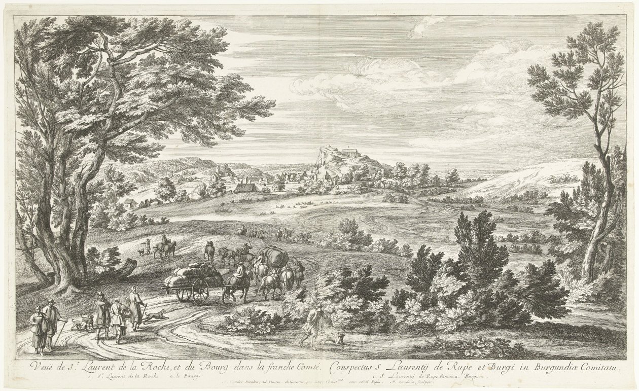 Utsikt över Saint Laurent de la Roche Utsikt över St. Laurent de la Roche och Bourg i Franche-Comté (titel på objekt) av Adriaen Frans Boudewyns