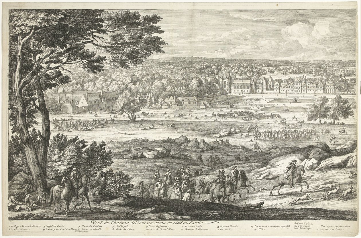 Utsikt över slottet Fontainebleau (vänster sida) Veuë du Chasteau de Fontainebleau du costé du Jardin (titel på objekt) av Adriaen Frans Boudewyns