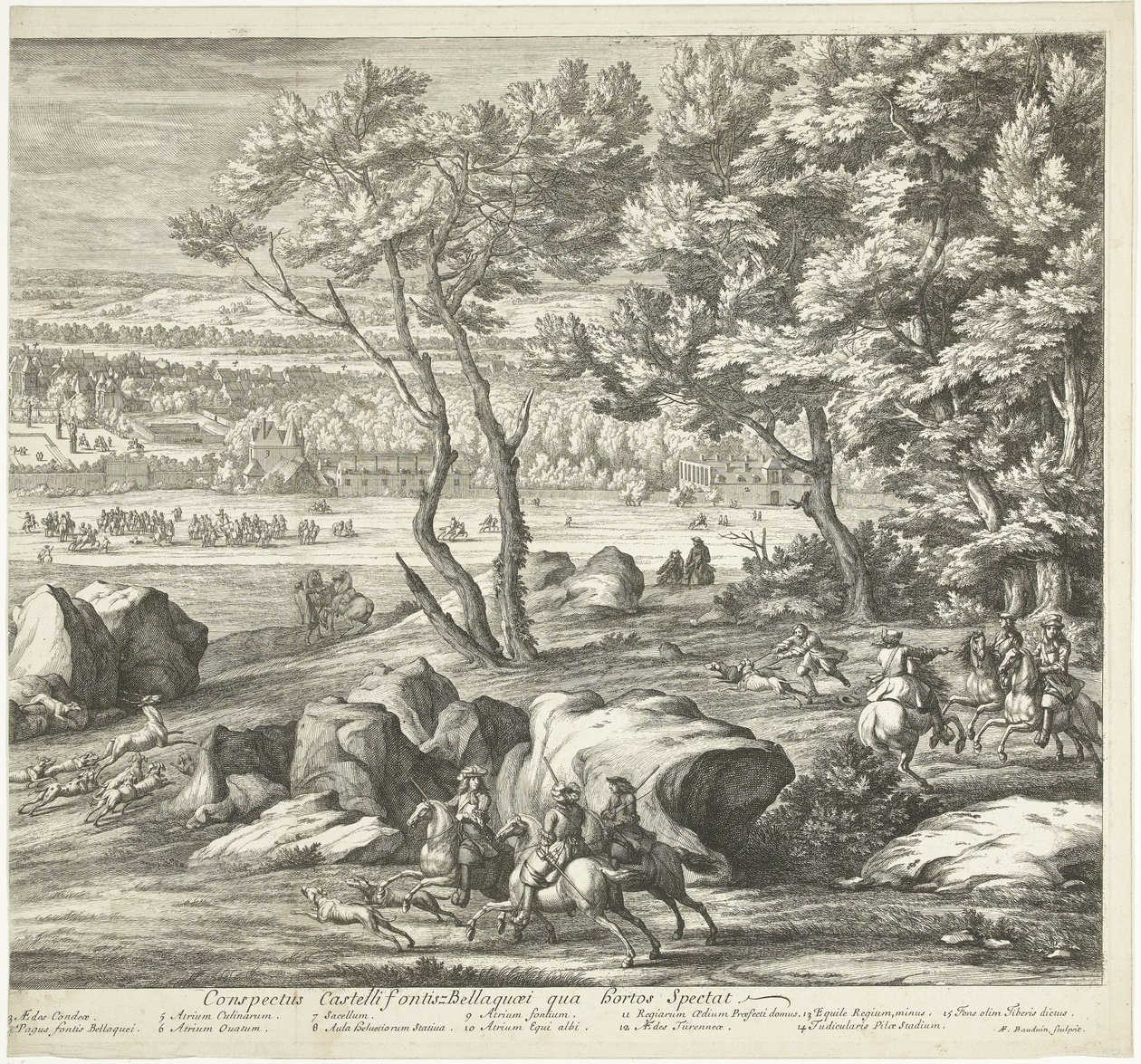 Utsikt över slottet Fontainebleau (höger sida) Veuë du Chasteau de Fontainebleau du costé du Jardin (titel på objekt) av Adriaen Frans Boudewyns