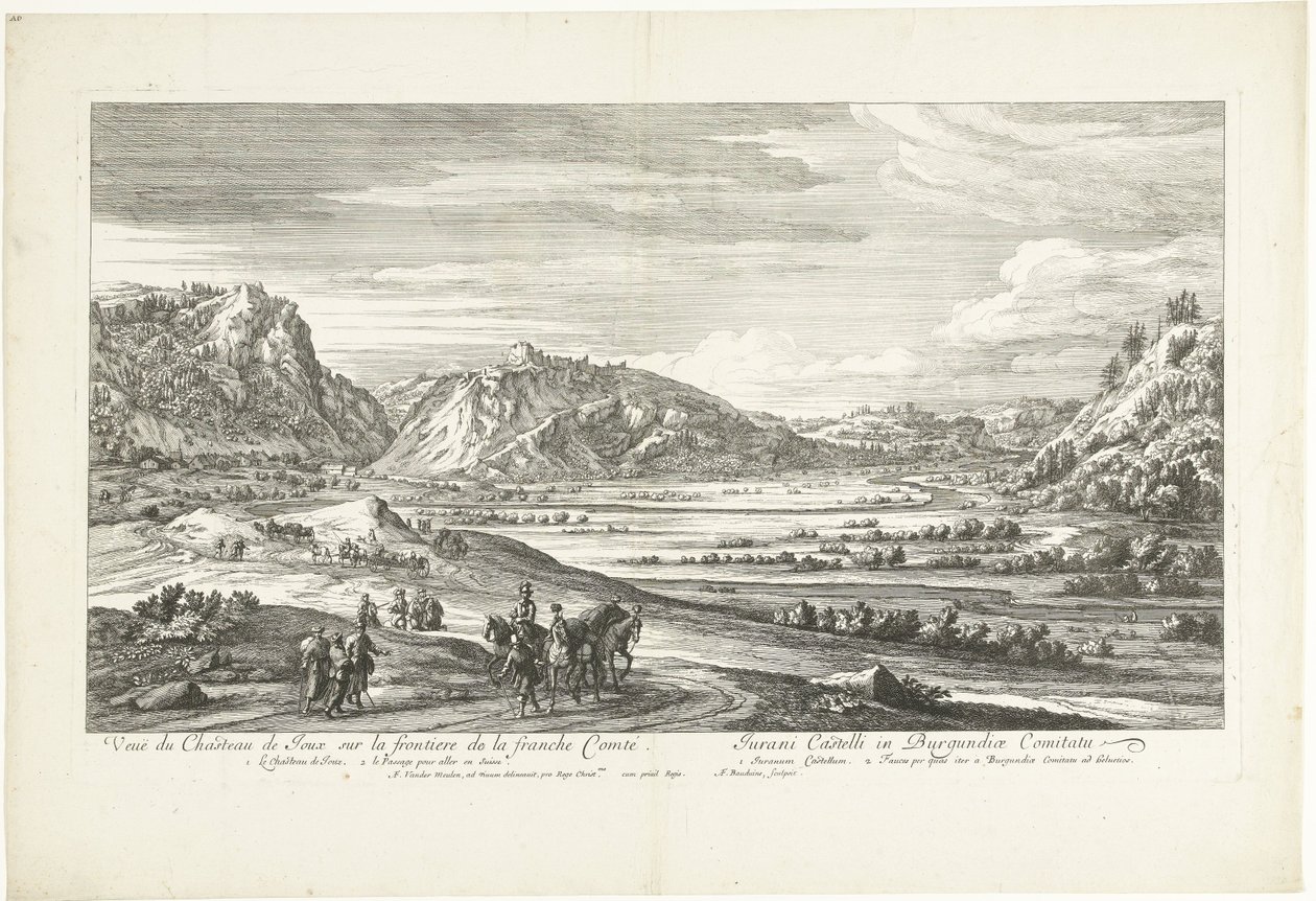 Utsikt över slottet Joux Veuë du Chasteau de Joux sur la frontiere de la franche Comté (titel på objektet) av Adriaen Frans Boudewyns