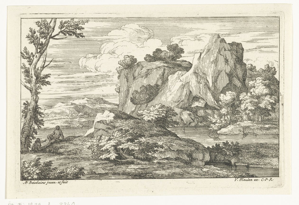 Landskap med en stor sten vid en flod av Adriaen Frans Boudewyns