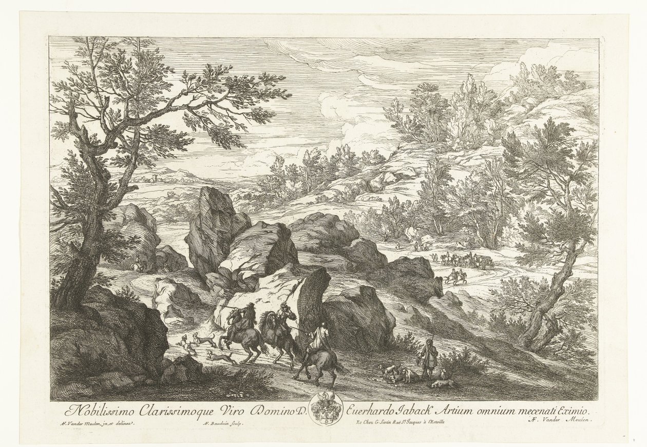Landskap med ryttare vid en klipphäll Landskap med jägare (serietitel) av Adriaen Frans Boudewyns