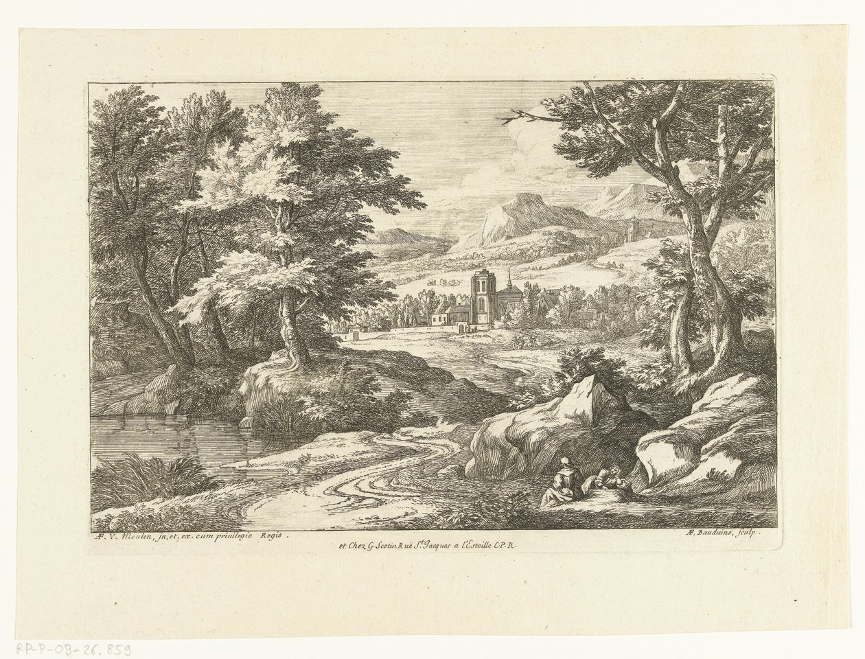 Landskap med två figurer längs en väg, en kyrka i fjärran av Adriaen Frans Boudewyns