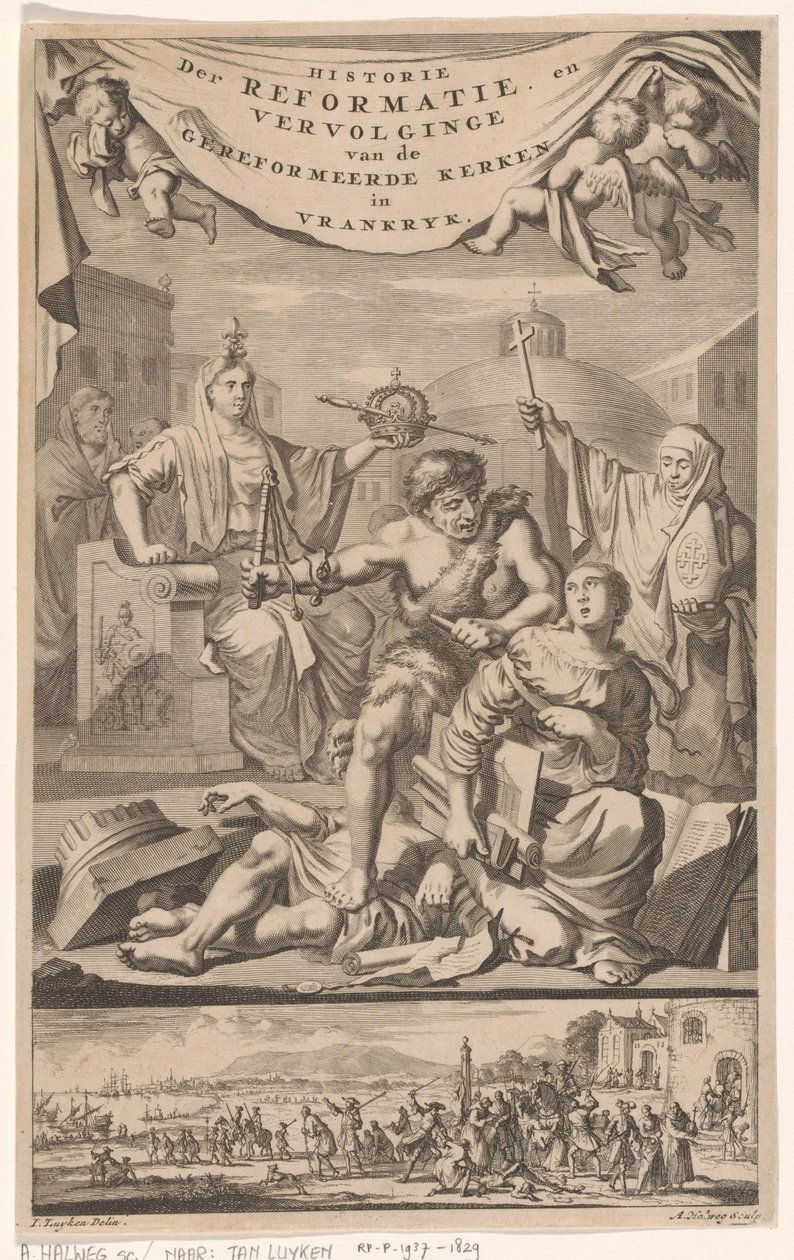 Franska reformerta kyrkan attackerad av man med gissel Titelsida för: E. Benoist, Historie der Reformeerde Kerken van Vrankrijk, 1696 av Adriaen Haelwegh