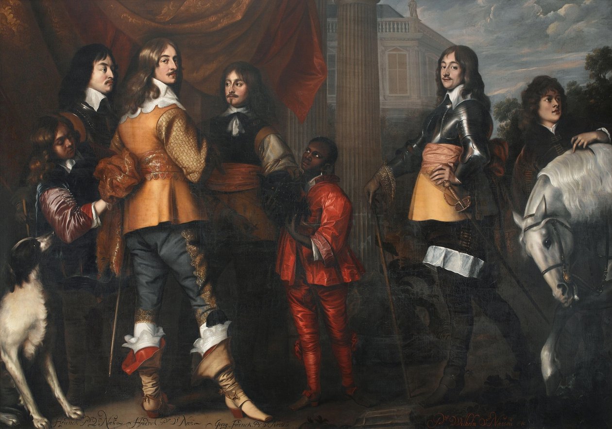 Grupporträtt av Willem Frederik van Nassau-Dietz (1613-1664), Hendrik Casimir I van Nassau-Dietz (1612-1640), Hendrik van Nassau-Siegen (1611-1652) och George Frederik van Nassau-Siegen (1606-1674), med tjänstefolk av Adriaen Hanneman