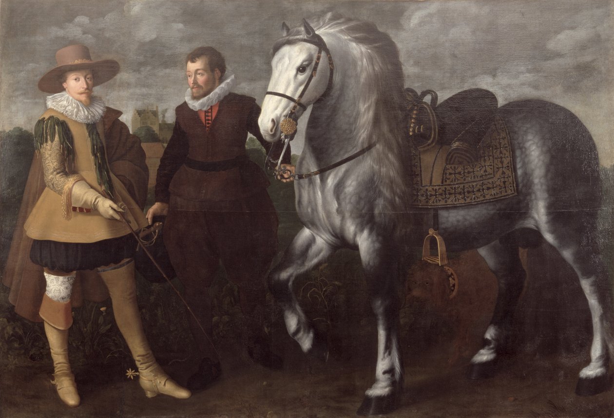 Porträtt av en herre med häst och hästskötare, 1624 av Adriaen I van Nieulandt
