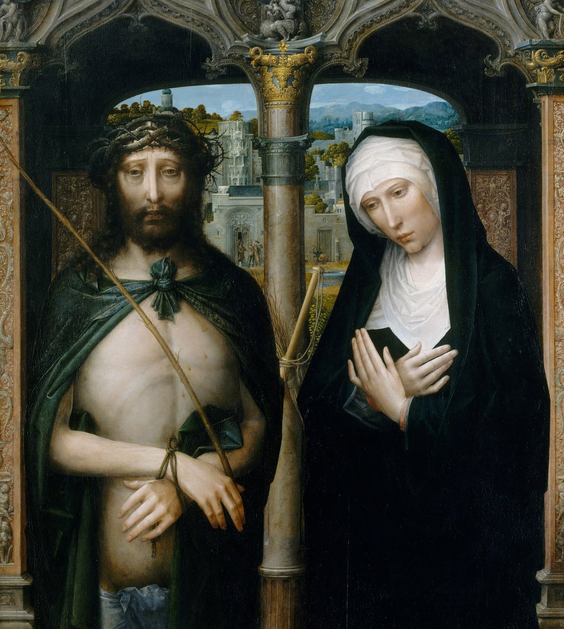 Kristus krönt med törnar Ecce Homo, och den sörjande jungfrun, ca. 1530-40. av Adriaen Isenbrandt