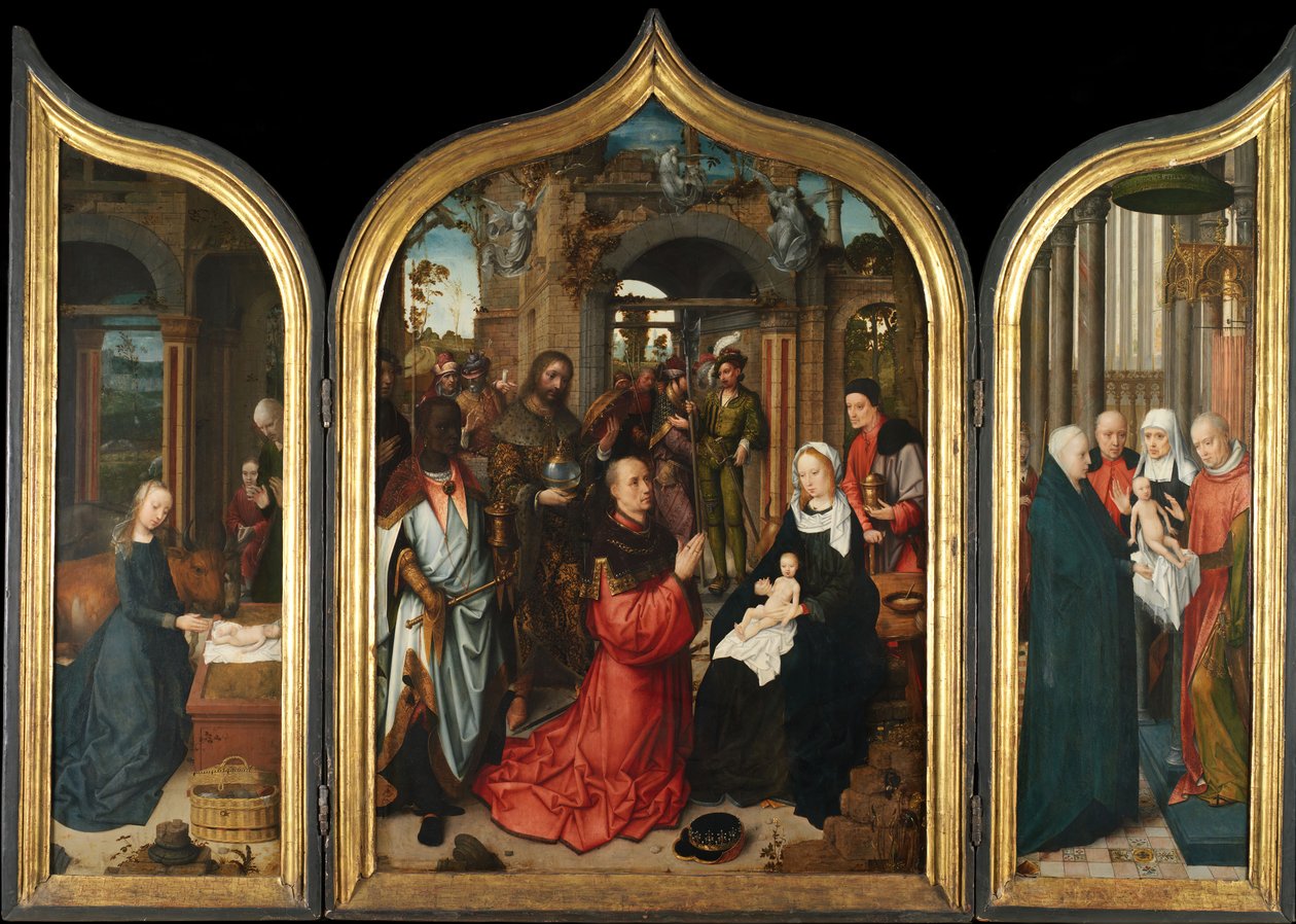 Födelsekyrkan, tillbedjan av männen, presentationen i templet, 1510-12. av Adriaen Isenbrandt