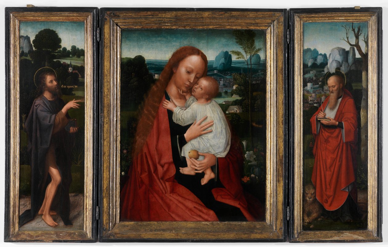Madonna med Johannes Döparen och Sankt Hieronymus (olja på panel) av Adriaen Isenbrandt or Isenbrant