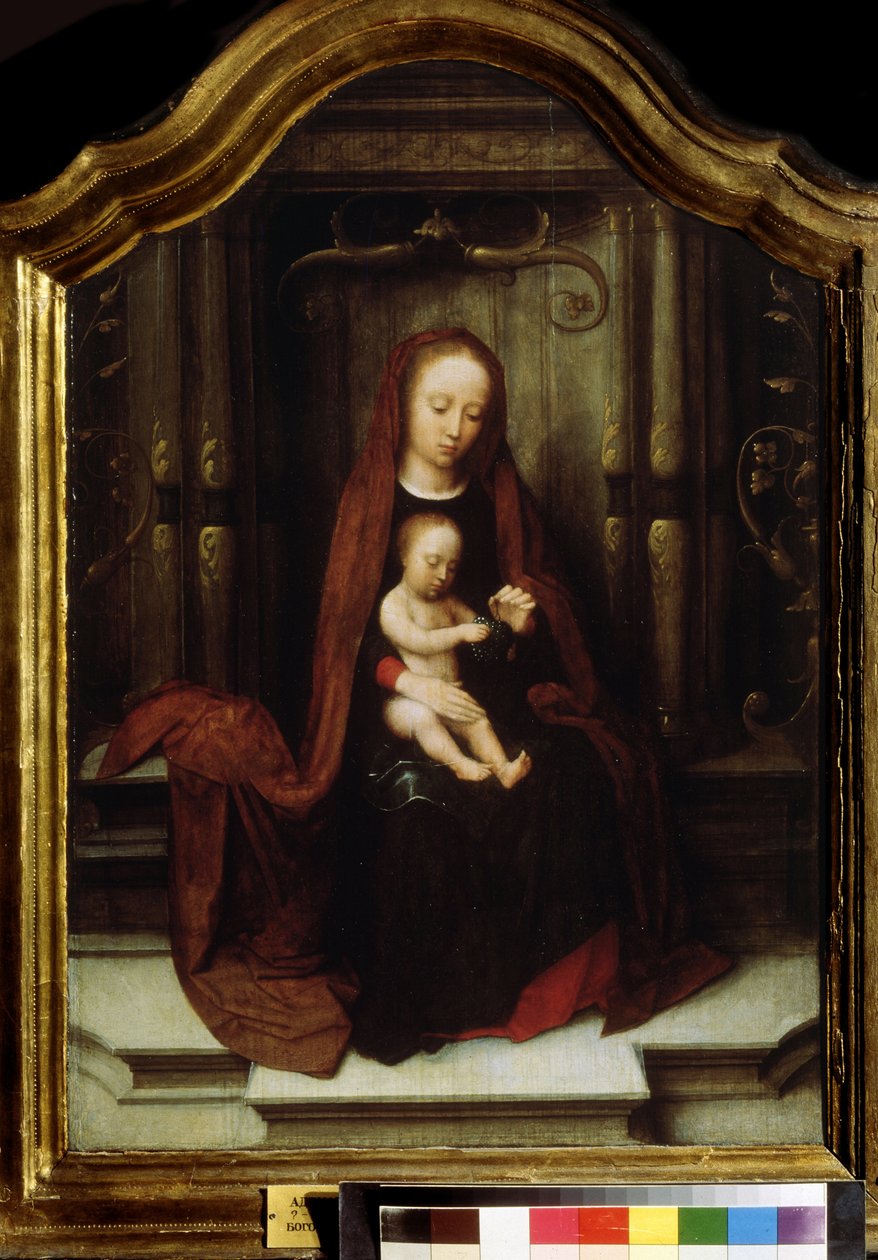 ""Madonna och barn"" (Jungfrun och barnet på tronen) Målning av Adriaen Isenbrant (Adrien Ysenbrant, Ysenbrandt, Hysebrant) (1490-1551) 1500-talets Pushkin Museum Moskva av Adriaen Isenbrandt or Isenbrant