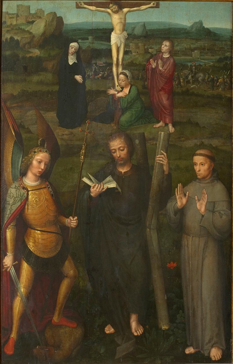 Korsfästelsen med de heliga ärkeängeln Mikael, Andreas och Franciskus av Assisi, ca. 1510. av Adriaen Isenbrant