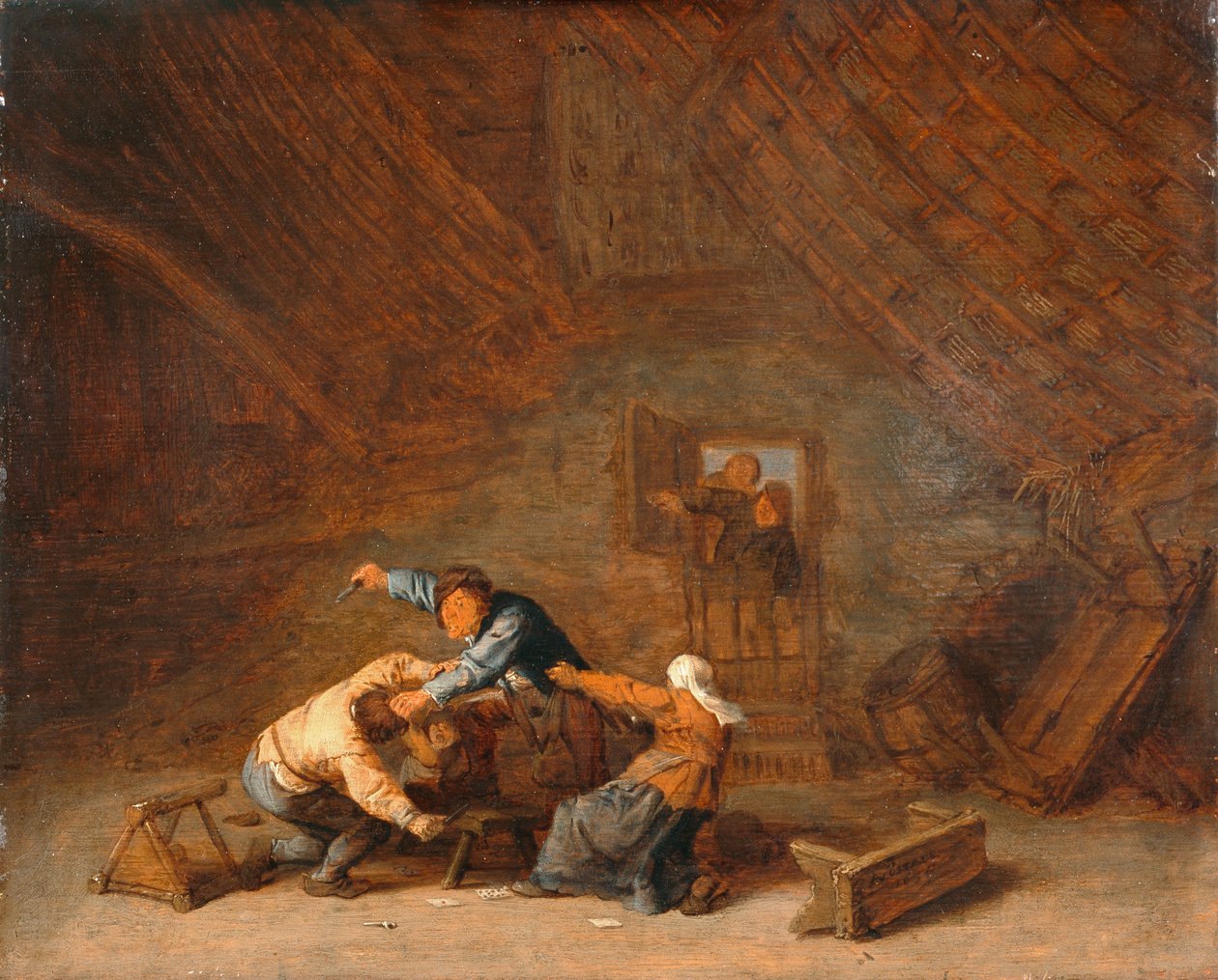 Interiör av en lada med två bönder som slåss av Adriaen Jansz. van (attr. to) Ostade