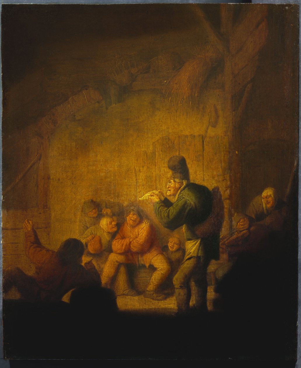 En ladugårdsinredning med en gycklare som regalerar sina följeslagare, c.1632 av Adriaen Jansz. van Ostade