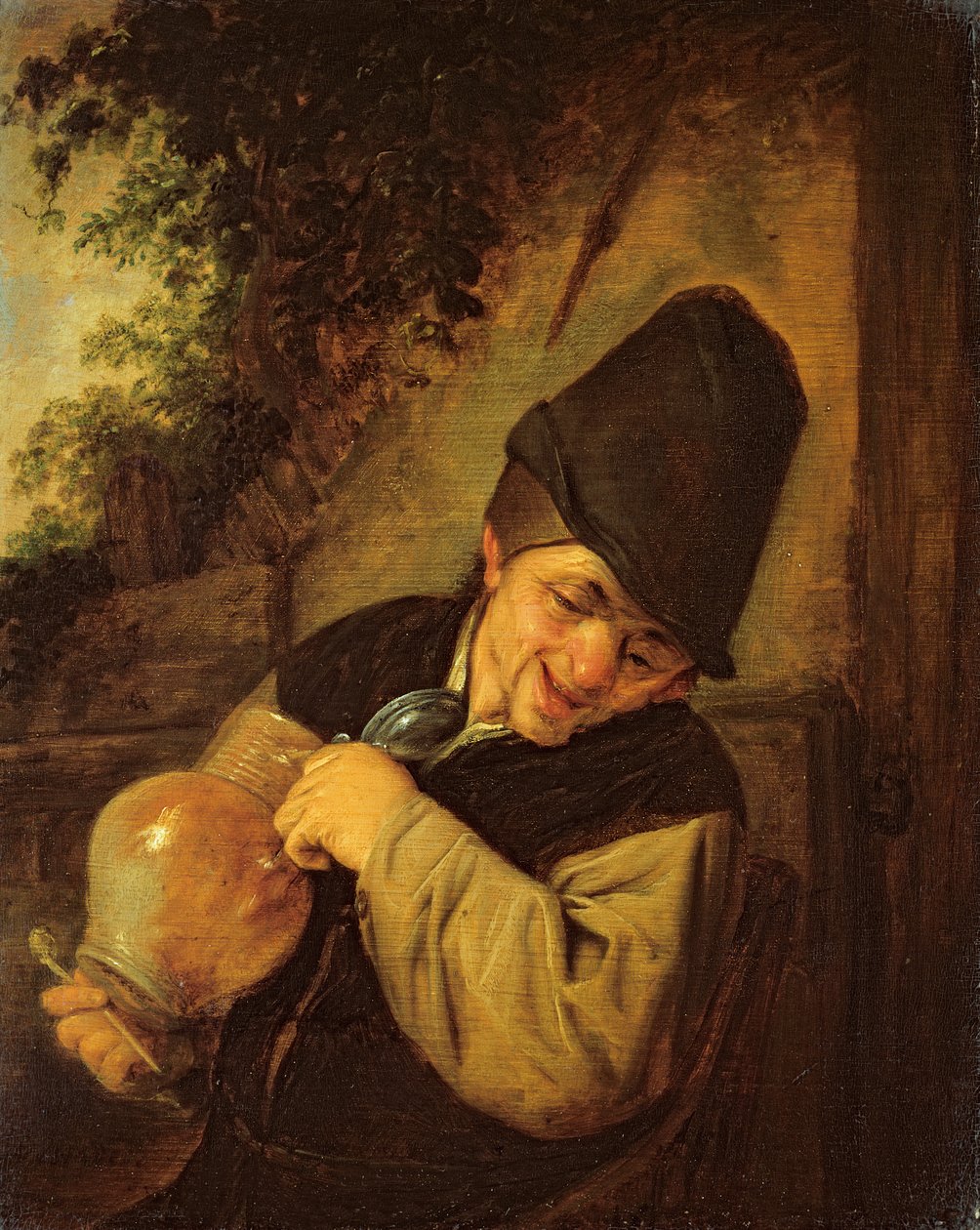 En bonde som håller en kanna och ett rör, ca 1650-55 (olja på ekpanel) av Adriaen Jansz. van Ostade
