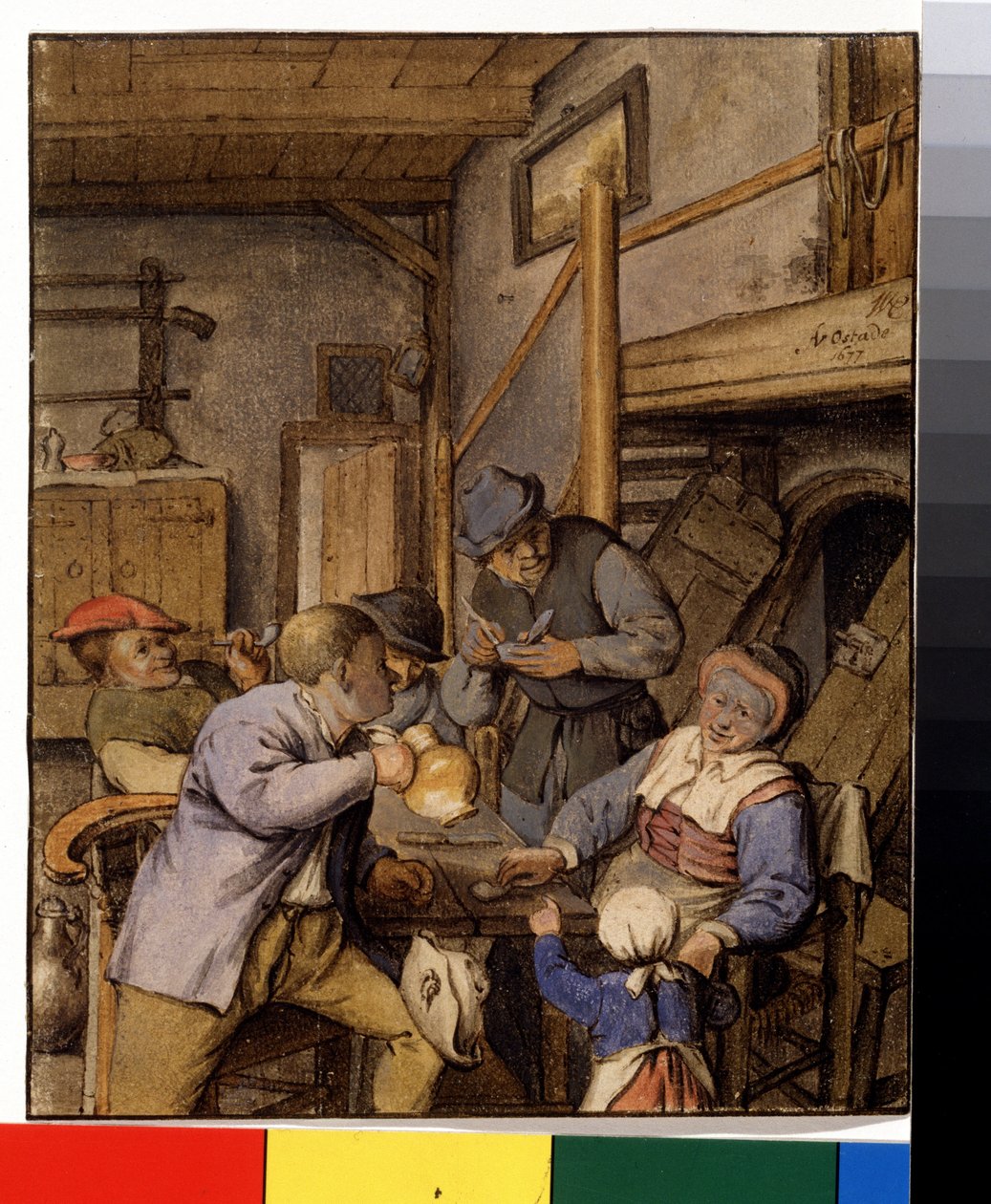 På värdshuset (I en krog). Bönder som röker och dricker vid bordet framför ingången till en källare. Målning av Adriaen Jansz Van Ostade (1610-1685), cirka 1667. Holländsk målning. Pensel, pensel och akvarell på papper. Pushkin-museet, Moskva av Adriaen Jansz. van Ostade